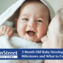 Happy 3 month old baby with her mom and 3 Month Old Baby Development: Milestones and What to Expect text for a featured image