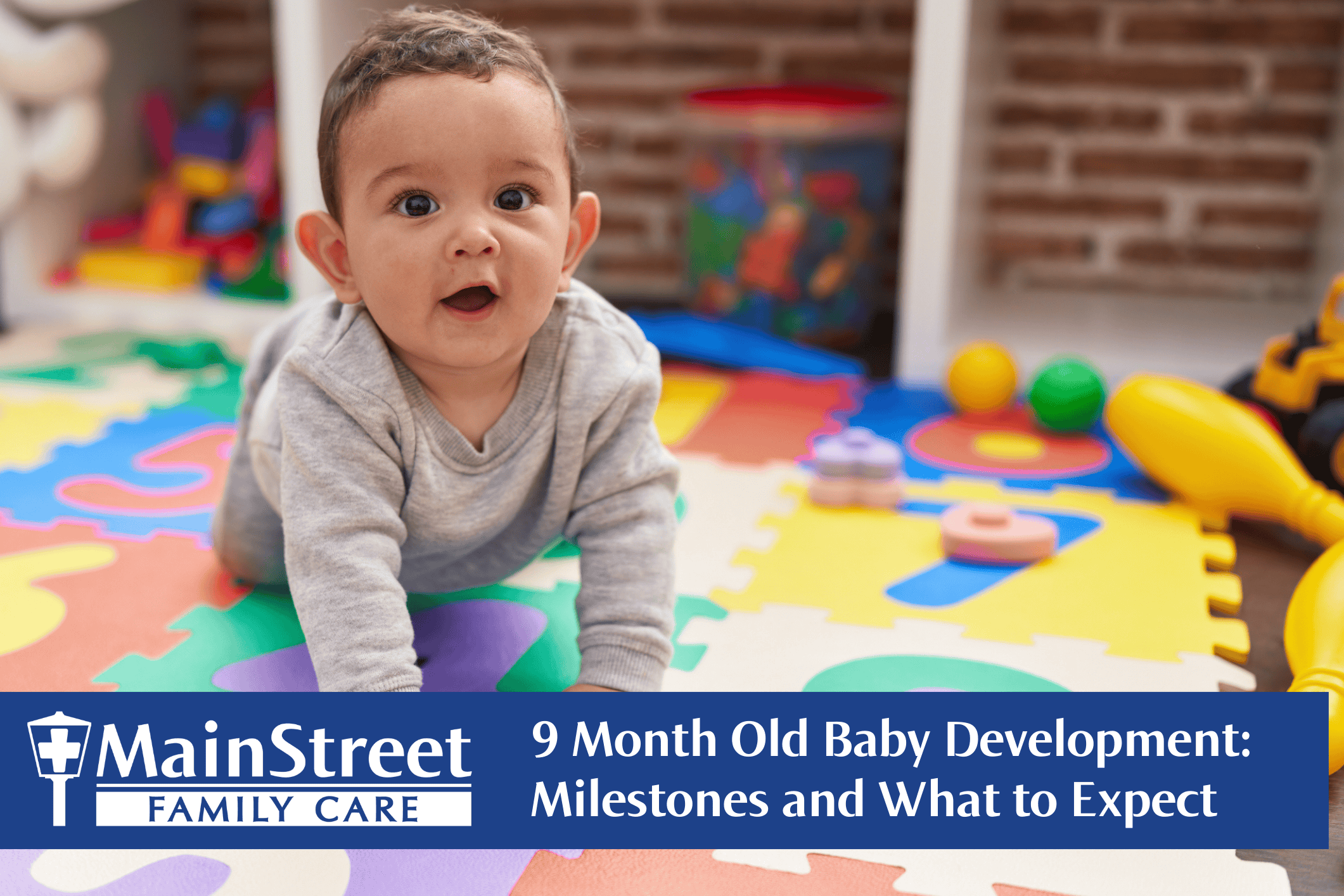 9 month old baby crawling on a mat on the floor for the featured image for our 9 Month Old Baby Development: Milestones and What to Expect blog