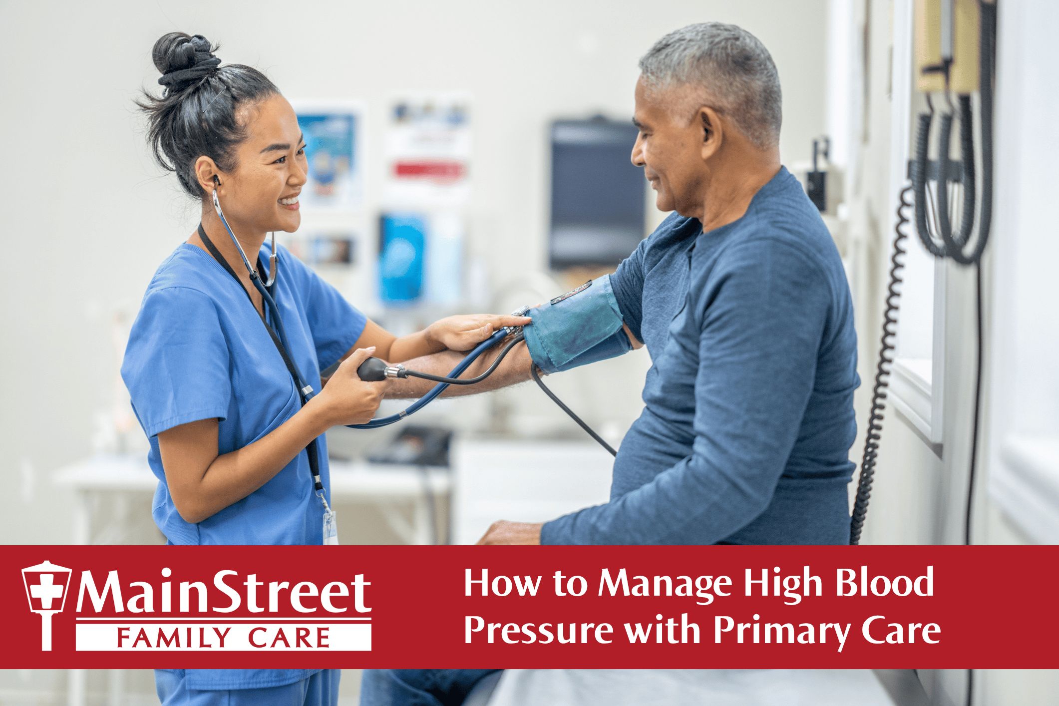 Nurse practitioner taking patients blood pressure - featured image for How to Manage High Blood Pressure with Primary Care blog