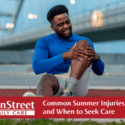 Man sitting on the ground holding his knee. Featured image for Common Summer Injuries in Adults and When to Seek Care blog.