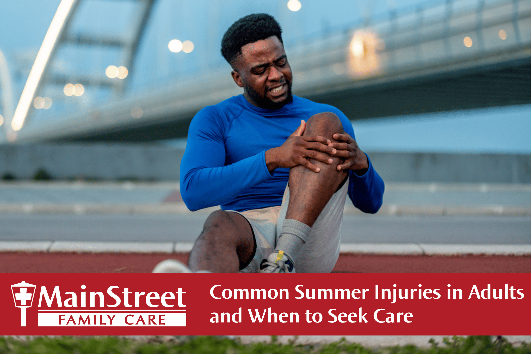 Man sitting on the ground holding his knee. Featured image for Common Summer Injuries in Adults and When to Seek Care blog.
