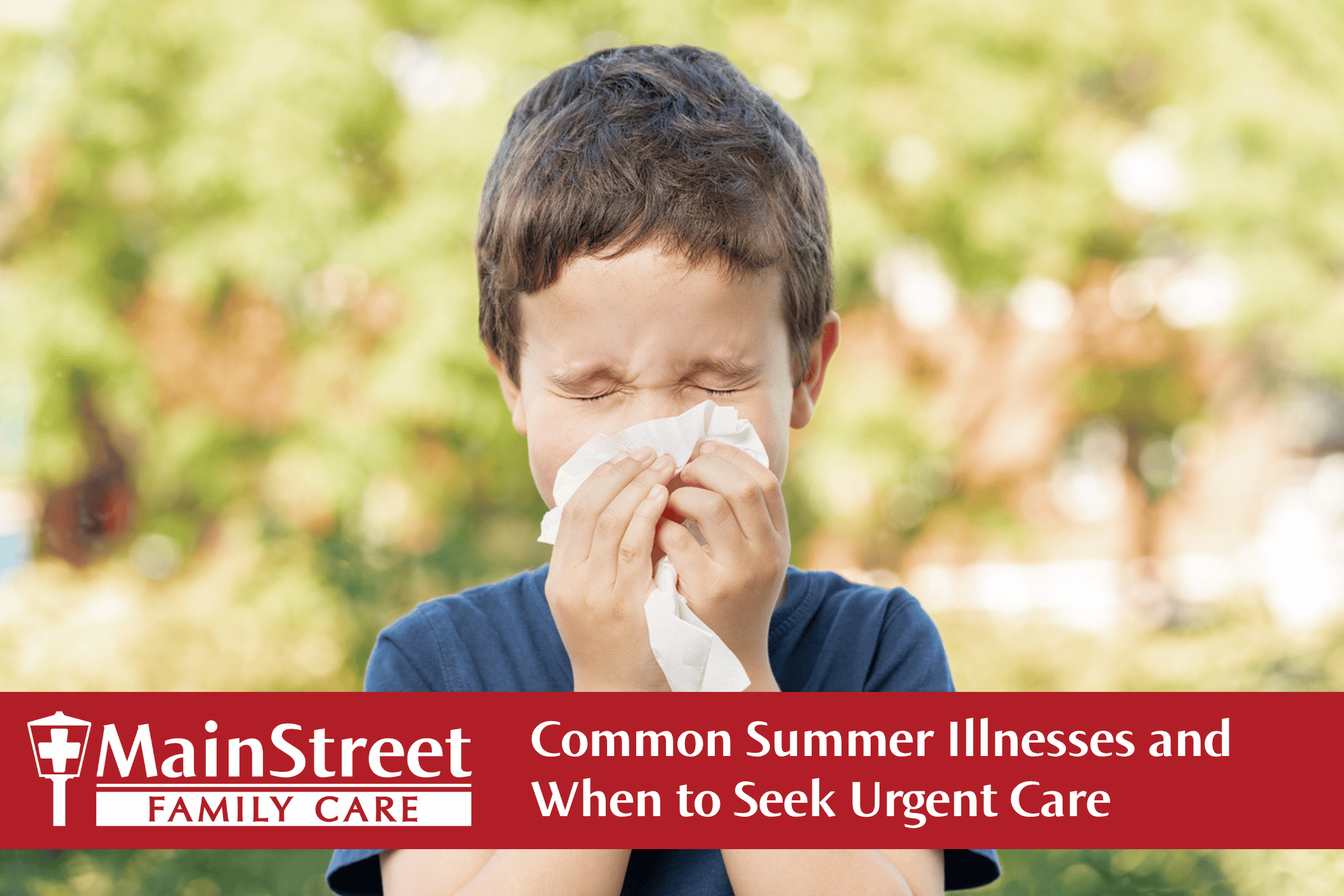 Little boy sneezing due to summer cold. Featured image for Common Summer Illnesses and When to Seek Urgent Care blog.