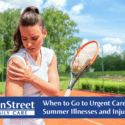 Lady with a hurt shoulder from playing tennis. Featured image for When to Go to Urgent Care for Summer Illnesses and Injuries blog.