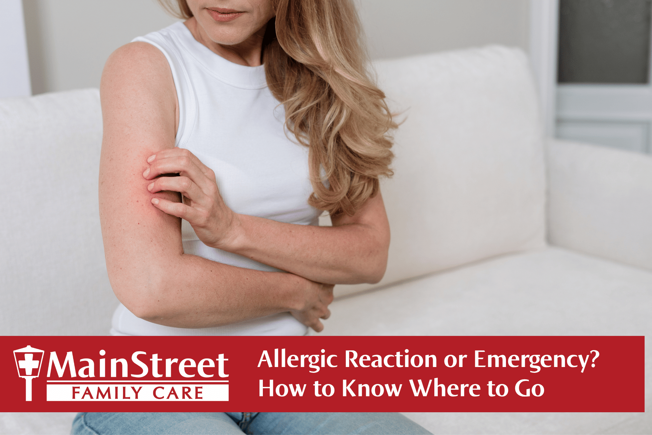 Woman scratching her arm. Featured image for Allergic Reaction or Emergency? How to Know Where to Go blog post.