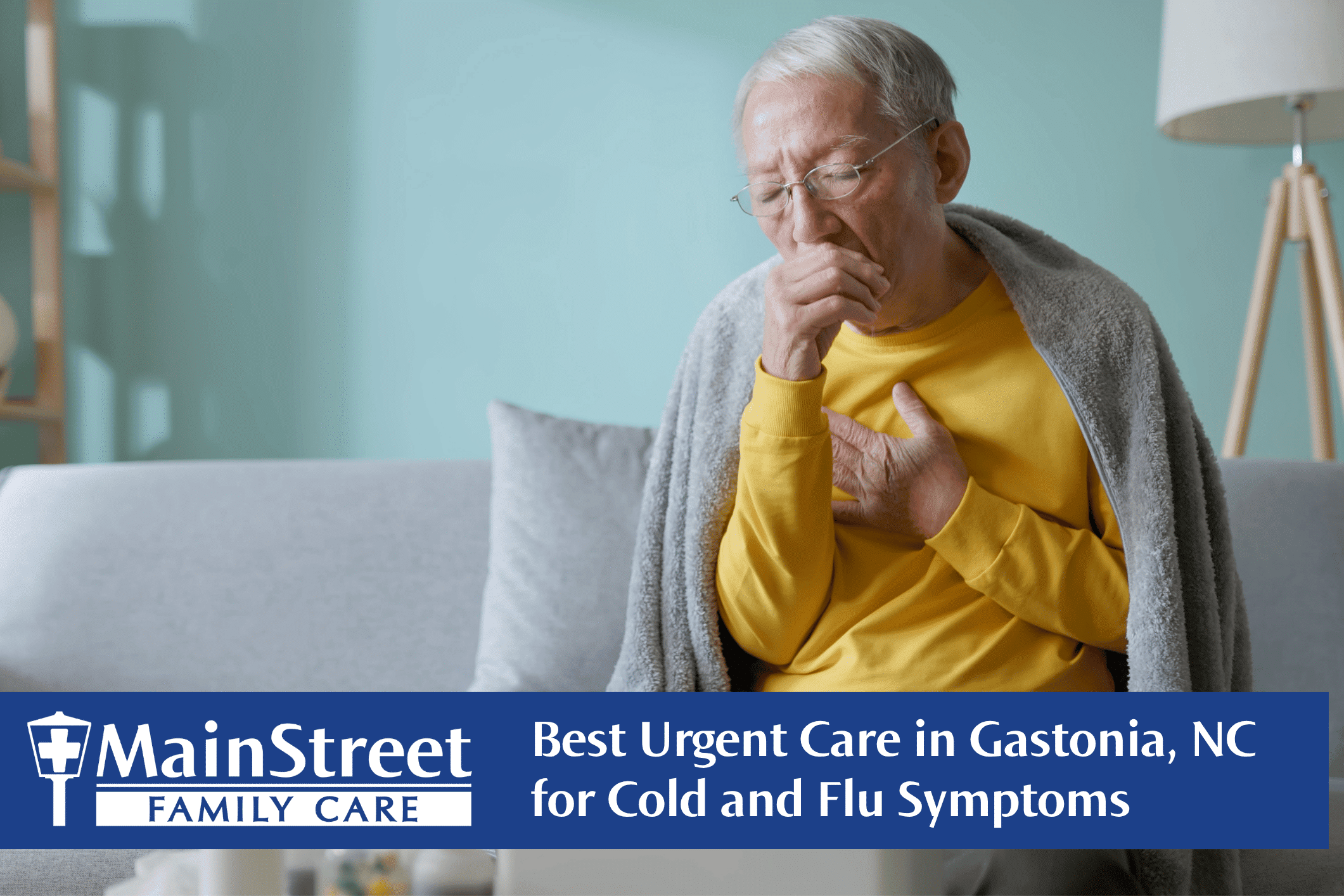 Older man on a couch with cold and flu symptoms. Featured image for Cold and Flu in Gastonia, North Carolina: When to Get Care blog post.