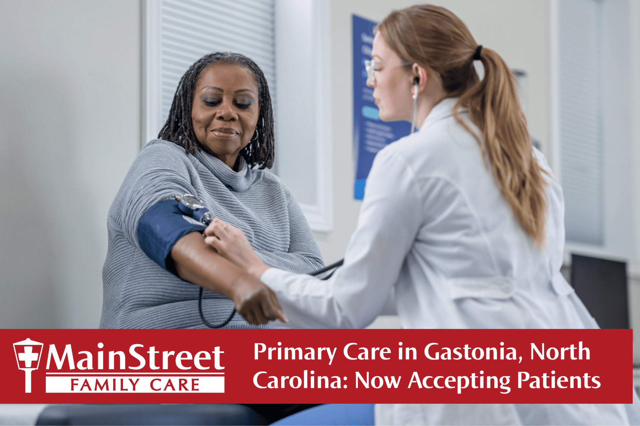 Woman having her blood pressure checked by a medical provider. Featured image for Primary Care in Gastonia, North Carolina: Now Accepting Patients blog post.