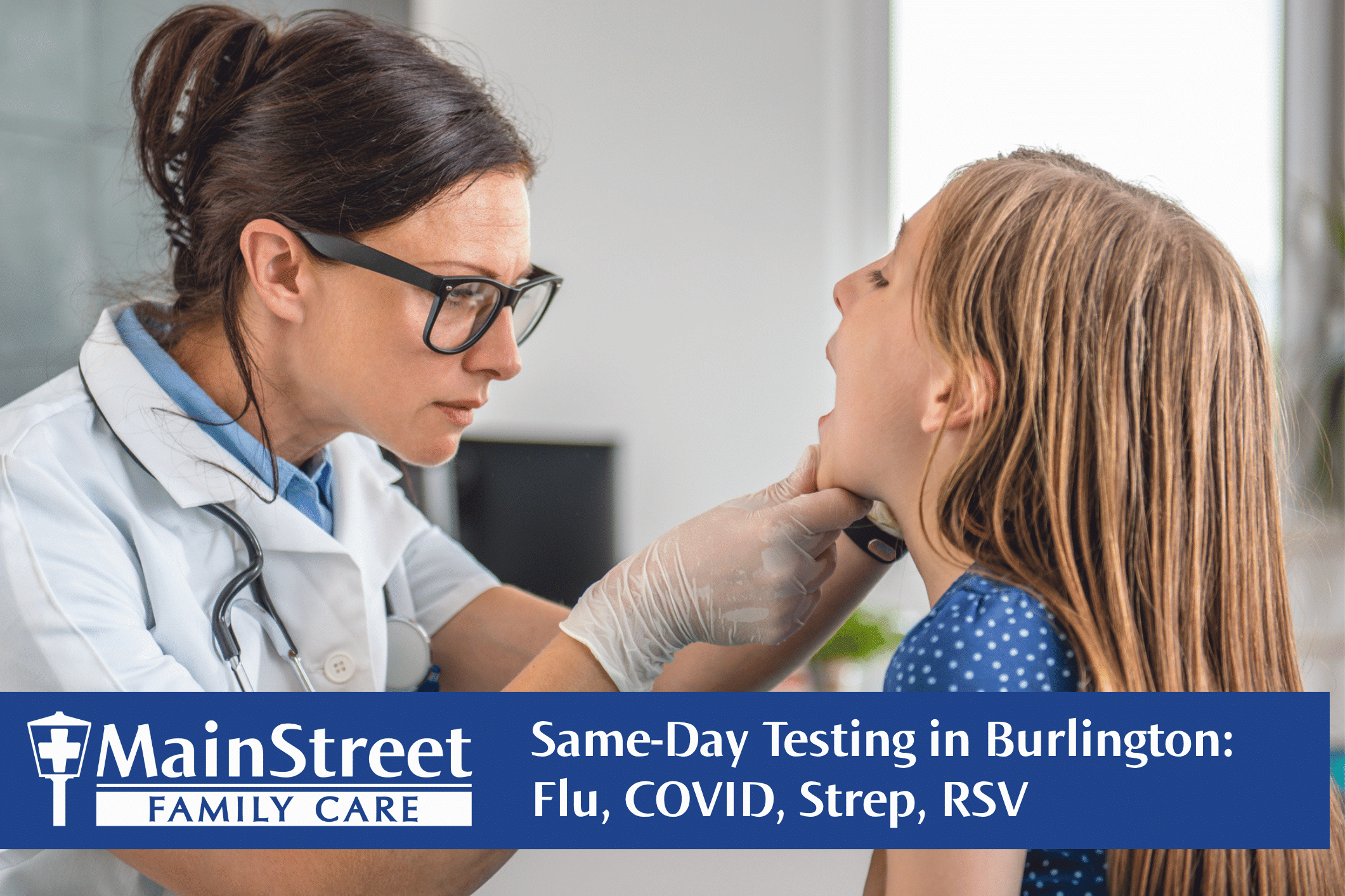 Little girl being tested for strep by a medical provider. Featured image for Same-Day Testing in Burlington: Flu, COVID, Strep, RSV blog post.