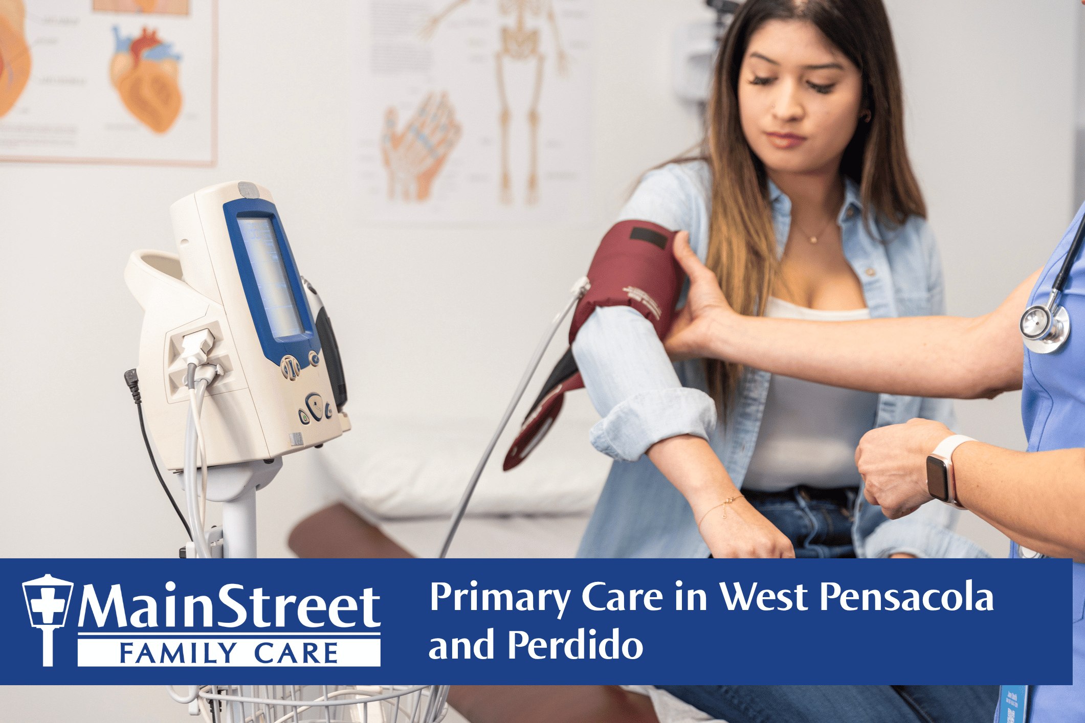 Woman having blood pressure checked. Blog post featured image for Primary Care in West Pensacola and Perdido blog.