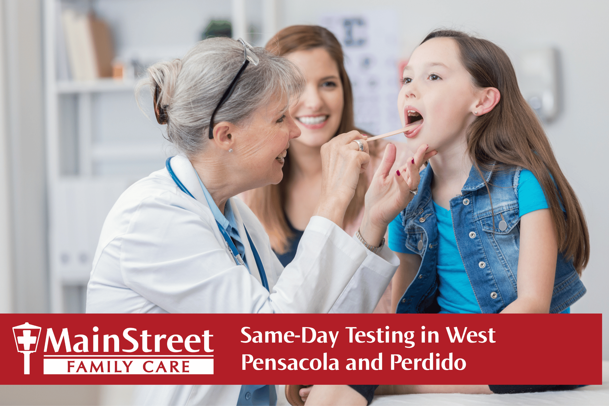 Medical provider doing a strep test on a little girl with her mom in the background. Featured image for Same-Day Testing in West Pensacola and Perdido blog post.